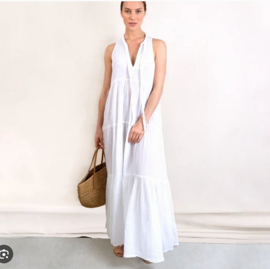 Honorine Size M Eve White Gauze Maxi Dress Tie Neck